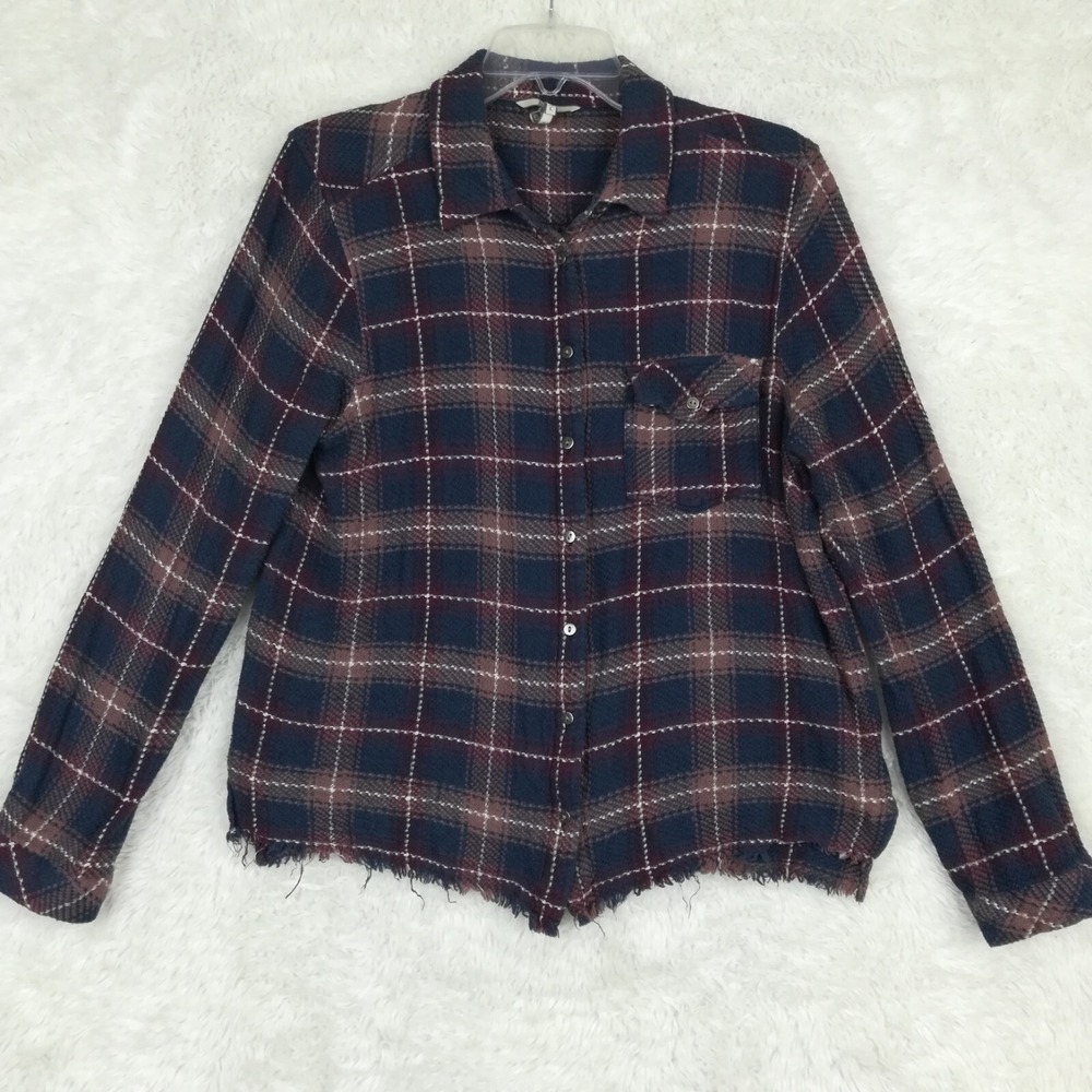 BKE Shirt Womens Button Down Plaid Blue Raw Hem Fitted Long Sleeve Collar L